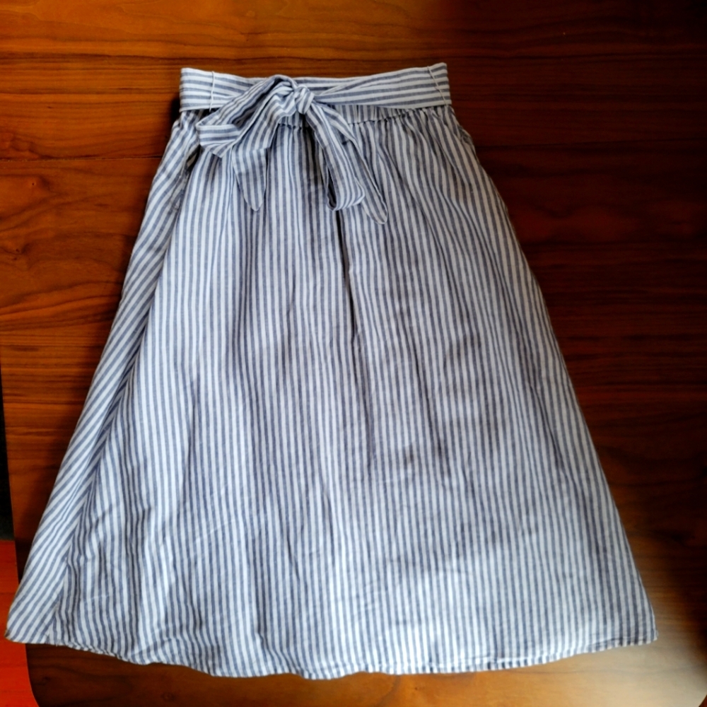 Talbots Striped Blue and White Midi Flare Linen-Cotton Blend Skirt